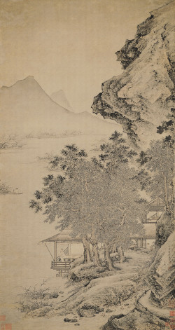 仇英绢本《渔笛图》轴