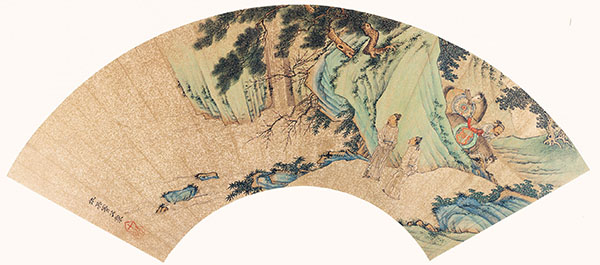 仇英扇面《花岩游骑图》横屏